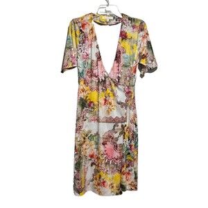 Etcetera Women's Maxi Dress 6 Multicolor Floral Surplice Neck Lined Short Sleeve